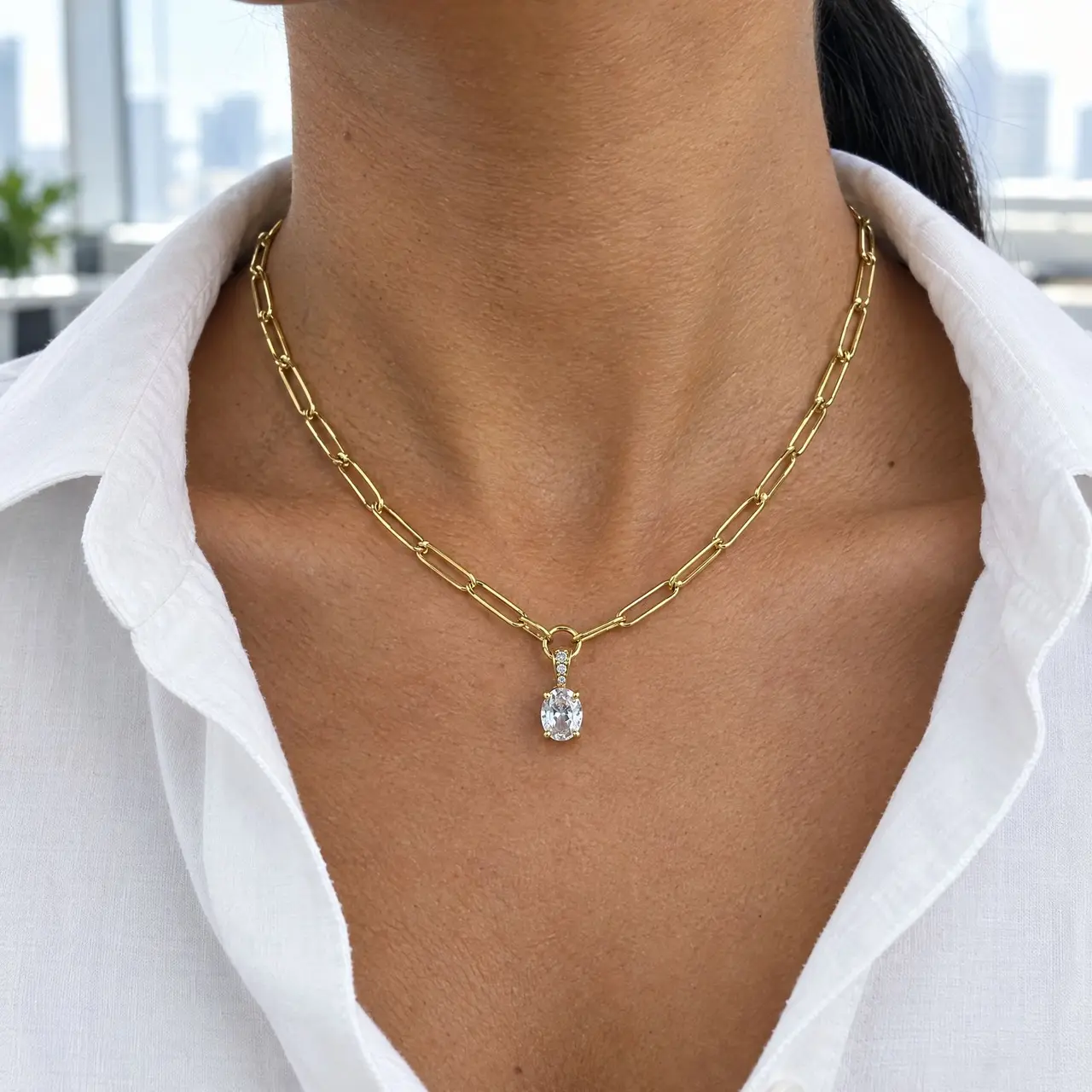 Fotografía de Collar Clip Cristal Oval Gold